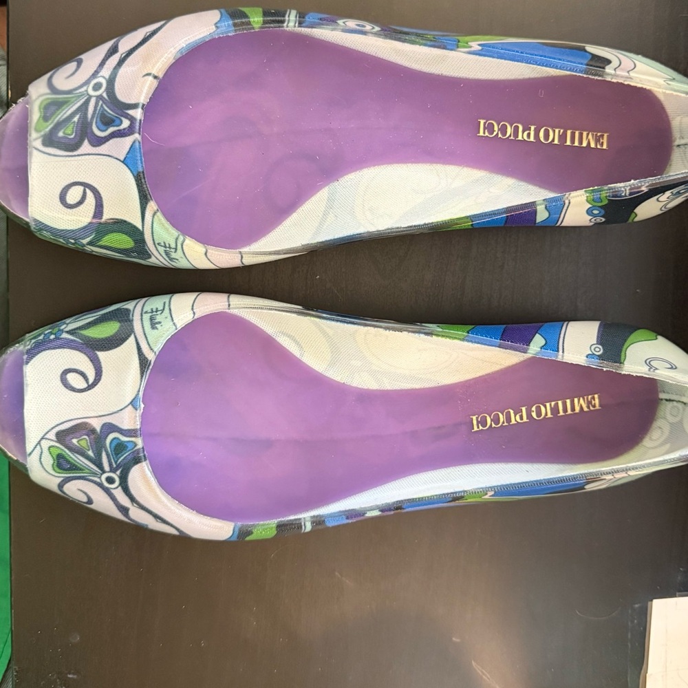 Vintage Emilio Pucci Blue and Green Jelly Peep Toe Flats with Floral Design